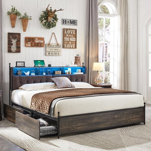 OKD King Size Bed Frame with 45" High LED Light Headboard, Modern Upholstered Platform Bed with 4 Drawers, Dark Rustic Oak