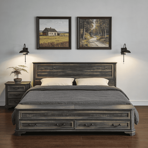 OKD King Size Bed Frame with Minimalist Headboard & Storage Bench, Farmhouse Queen Size Platform Bed  W/ 4 Large Storage Drawers, Dark Rustic Oak