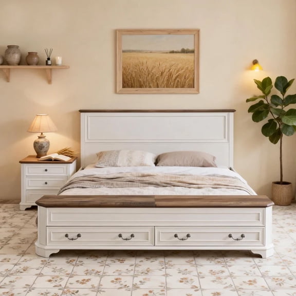 OKD King Size Bed Frame with Minimalist Headboard & Storage Bench, Farmhouse Queen Size Platform Bed W/ 4 Large Storage Drawers, Antique White
