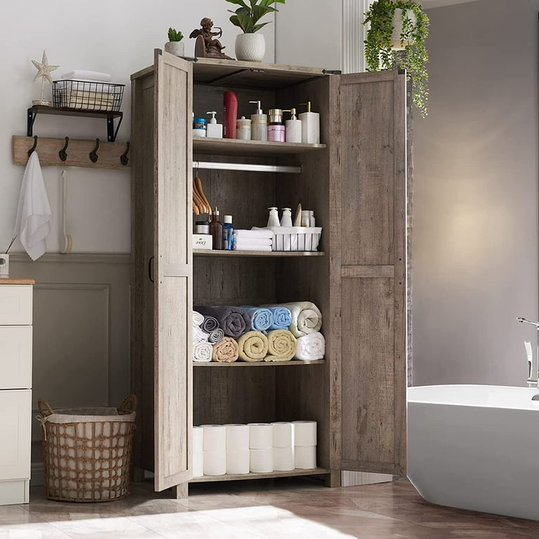 OKD Kitchen Pantry w Barn Door Storage Cabinet w Hanging Rod for Bathroom Utility Room Light Rustic Oak
