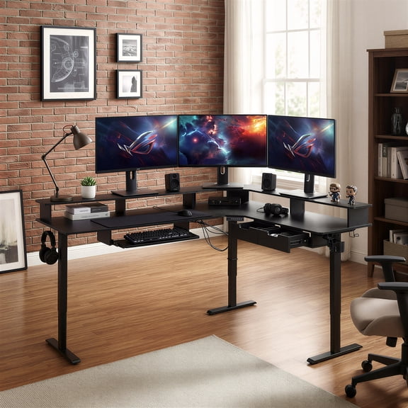 OKD 60" Electric Standing Desk with LED Strip & Power Outlets, L-Shaped Corner Desk with Shelves & Keyboard Tray, Adjustable Height Computer Desk, Carbon Fiber Black