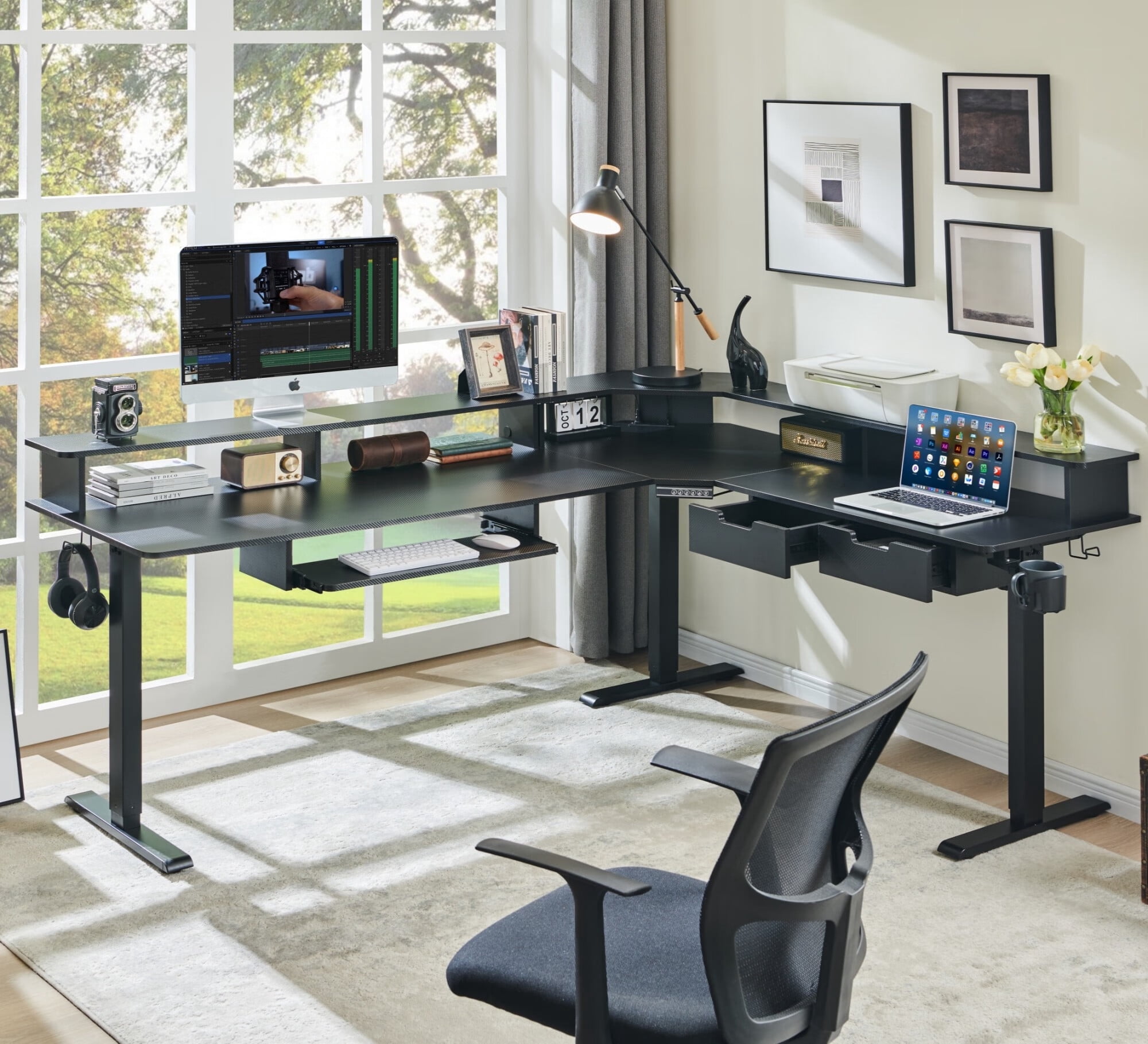 OKD 75" Electric Standing Desk with LED Strip & Power Outlets, L-Shaped Corner Desk with Shelves & Keyboard Tray, Adjustable Height Computer Desk, Carbon Fiber Black