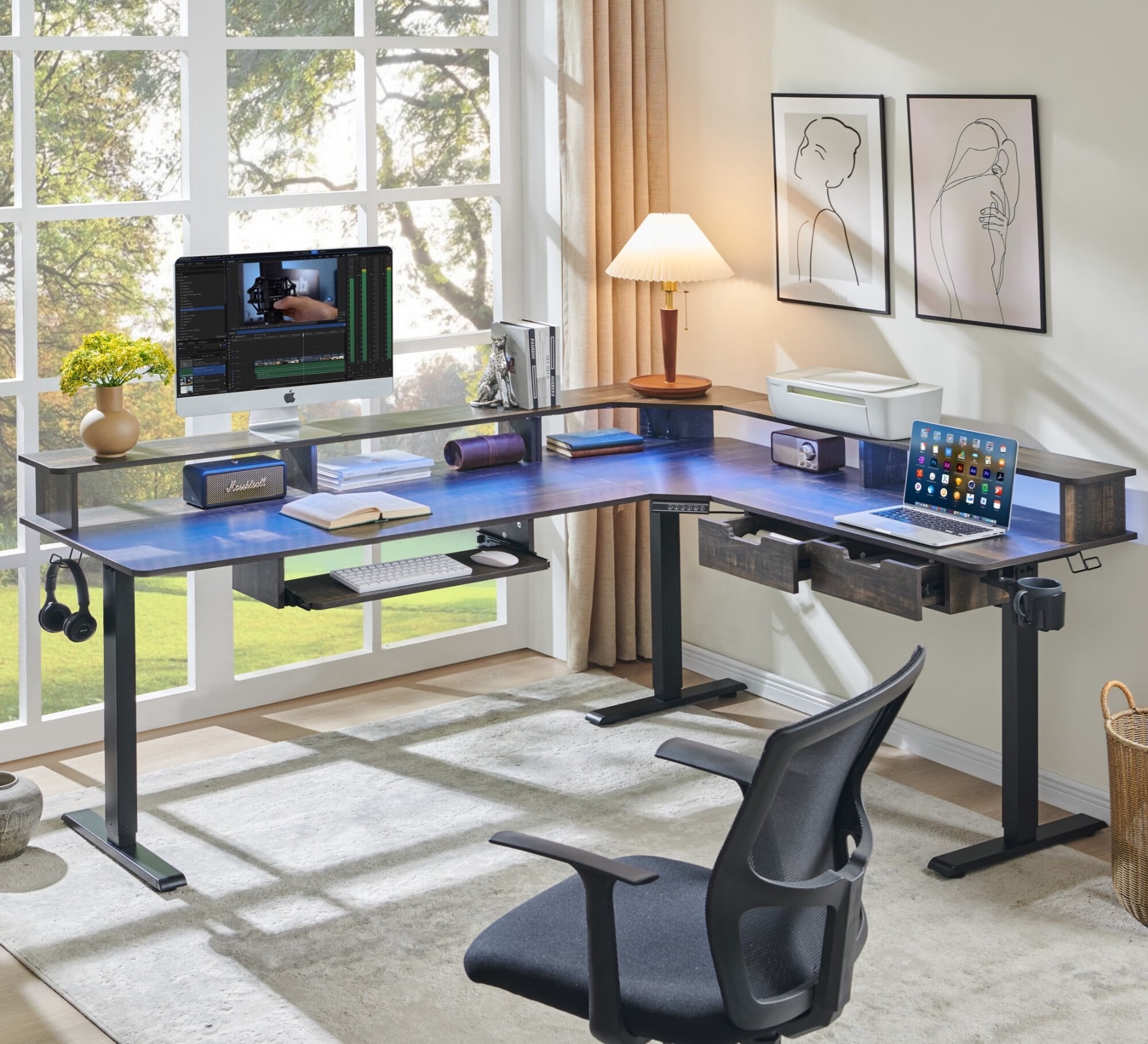 OKD 75" Electric Standing Desk with LED Strip & Power Outlets, L-Shaped Corner Desk with Shelves & Keyboard Tray, Adjustable Height Computer Desk, Dark Rustic Oak
