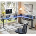 thumbnail image 1 of OKD 75" Electric Standing Desk with LED Strip & Power Outlets, L-Shaped Corner Desk with Shelves & Keyboard Tray, Adjustable Height Computer Desk, Dark Rustic Oak, 1 of 7