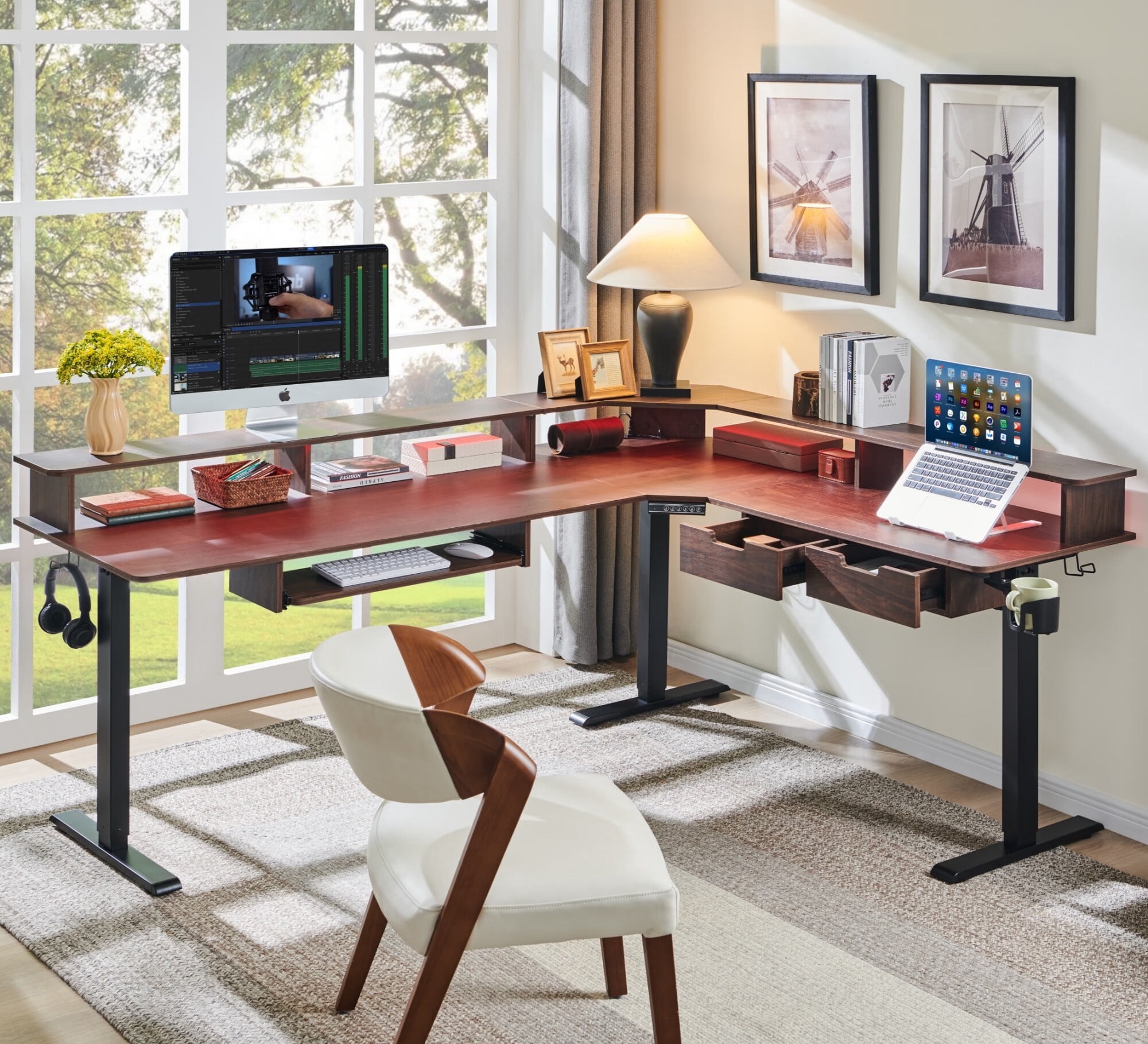 OKD 75" Electric Standing Desk with LED Strip & Power Outlets, L-Shaped Corner Desk with Shelves & Keyboard Tray, Adjustable Height Computer Desk, Dark Walnut