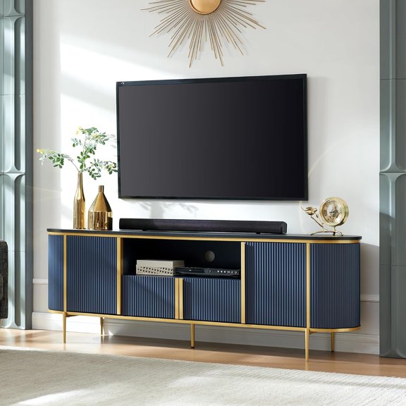 OKD Luxury 70" Fluted TV Stand for 80" TVs, Wooden Entertainment Center with Marble Top for Living Room, Navy Blue