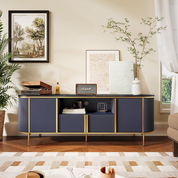 OKD 70" Modern Fluted TV Stand for TVs up to 80", Mid-Century Wooden Entertainment Center for Living Room - Dark Blue