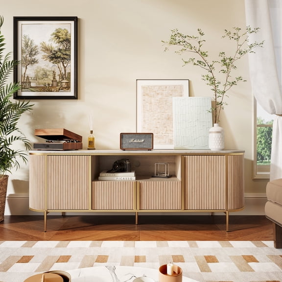 OKD 70" Modern Fluted TV Stand for TVs up to 80", Mid-Century Wooden Entertainment Center for Living Room - Natural Oak