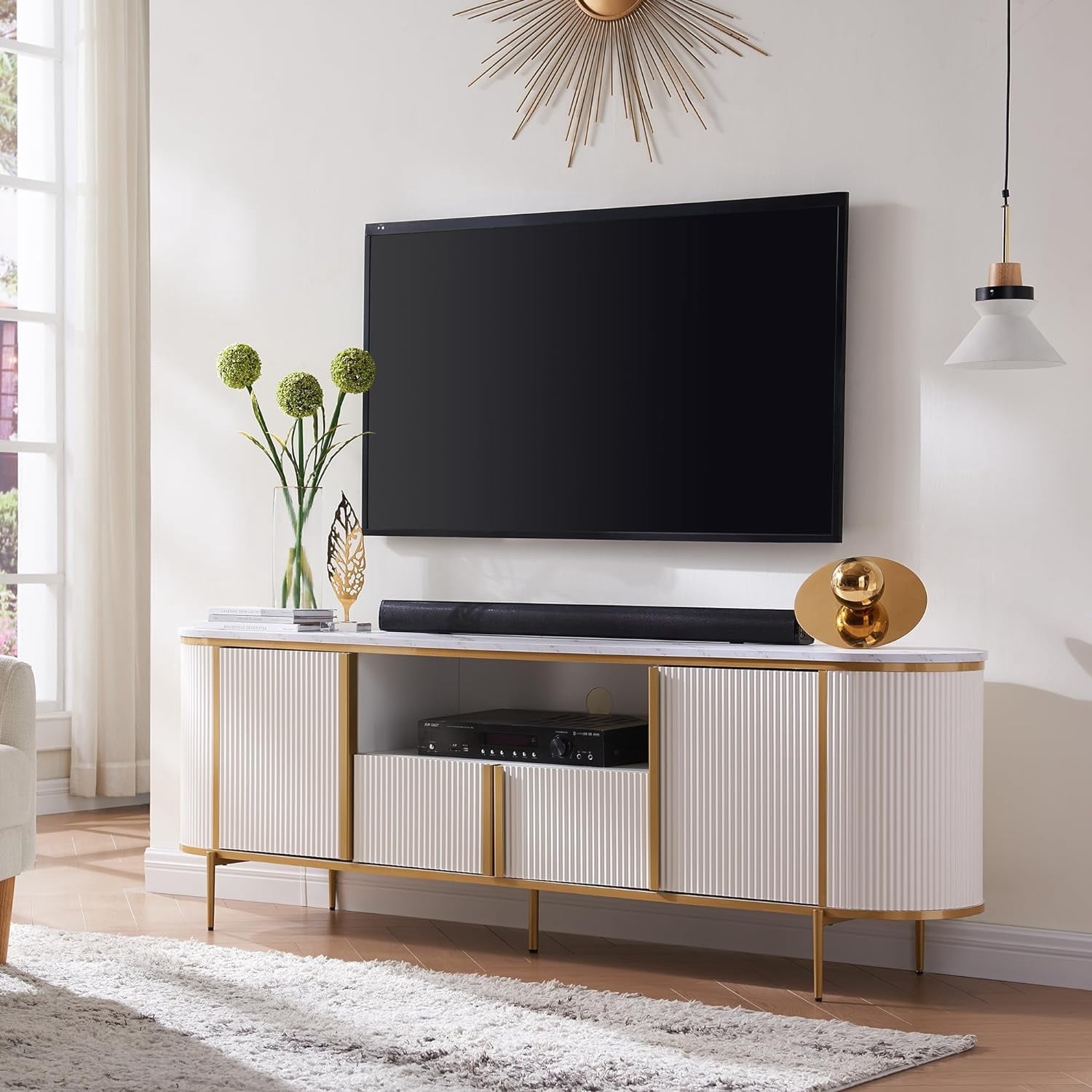 OKD 70" Modern Fluted TV Stand for TVs up to 80", Mid-Century Wooden Entertainment Center for Living Room, Off White
