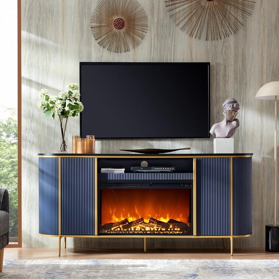 OKD 70" Fireplace TV Stand for TV up to 80", Modern Fluted Entertainment Center with Electric Fireplace, Media Console Table for Living Room - Dark Blue