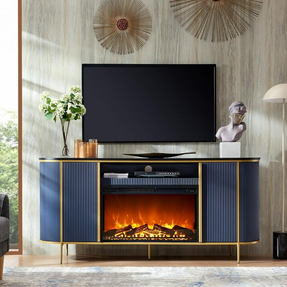 OKD Luxury Fireplace TV Stand for TVs Up to 80 inches, 70" Modern Fluted Entertainment Center with Electric Fireplace, Media Console TV Stand for Living Room,Dark Blue