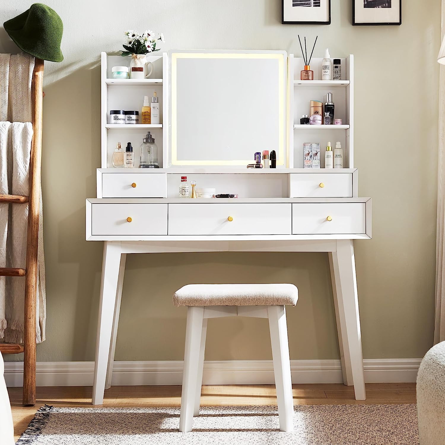 OKD Makeup Vanity Table Set, Dressing Table with Lighted Mirror & 5