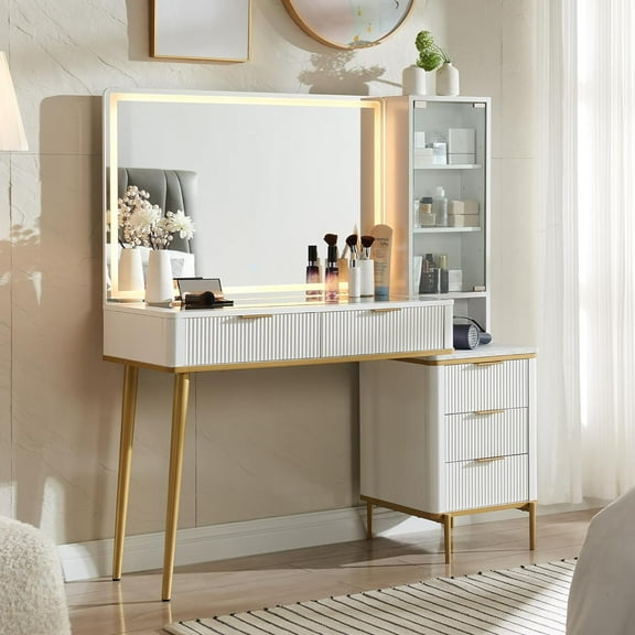 OKD Makeup Vanity Table with Lighted and Mirror, Glass Top Vanity Desk with 5 Drawers & Charging Station for Bedroom,White