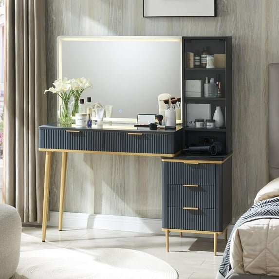 OKD Makeup Vanity Table with Lighted and Mirror, Vanity Desk with 5 Drawers & Charging Station for Bedroom,Navy Blue