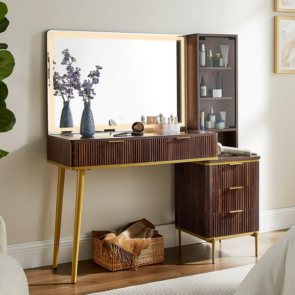 OKD Makeup Vanity Table with Lights and Mirror, Vanity Desk with 5 Drawers and Charging Station for Bedroom,Dark Walnut