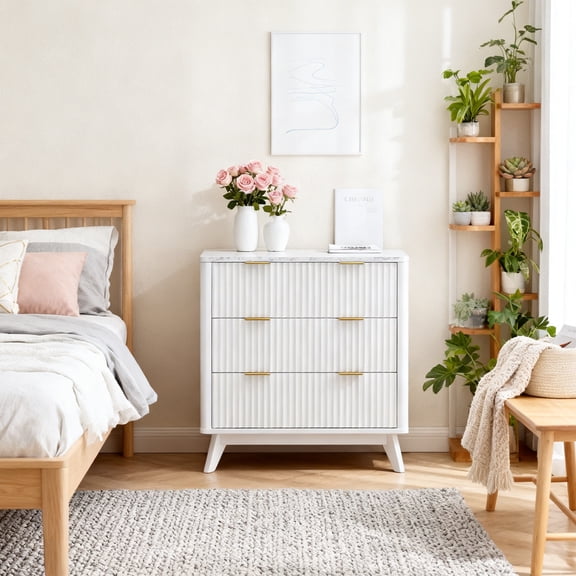 OKD Modern 3 Drawer Dresser，White Dresser with Fluted Panel Design and Sleek Curve Profile，Metal Slide Rail，For Bedroom, Living Room, Home Office, and Hallway