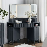 KeyWhat Modern Fluted Corner Vanity Desk, 48" Corner Makeup Vanity Desk with Smart Mirror and Lights, Oak Vanity Desk with Charging Station and 3 Drawers & Shelves for Bedroom, Dark Grey
