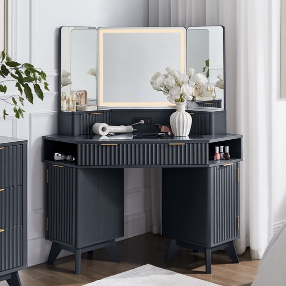 OKD Modern Fluted Corner Vanity Desk, 48" Corner Makeup Vanity Desk with Smart Mirror and Lights, Oak Vanity Desk with Charging Station and 3 Drawers & Shelves for Bedroom, Dark Grey