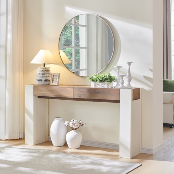 OKD Modern Entryway Console Table, Wooden Sofa Table with 2 Large Drawers,Entryway Table for Living Room, Hallway, Antique White