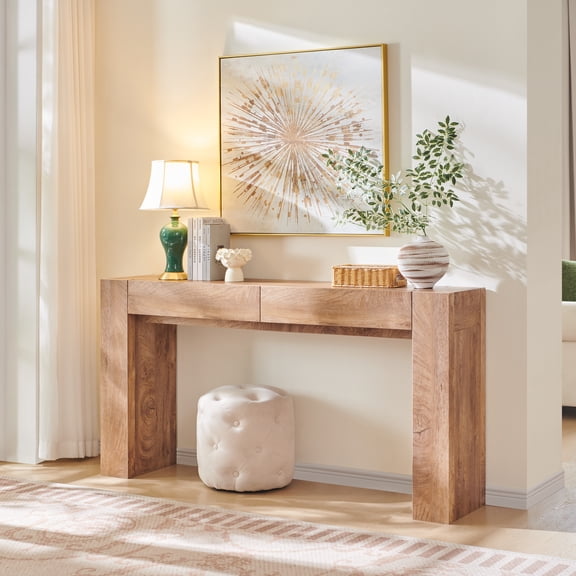 OKD Modern Entryway Console Table, Wooden Sofa Table with 2 Large Drawers,Entryway Table for Living Room, Hallway, Light Knotty Oak
