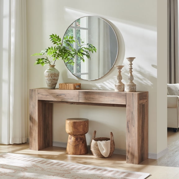 OKD Modern Entryway Console Table, Wooden Sofa Table with 2 Large Drawers，Entryway Table for Living Room, Hallway, Rustic Oak