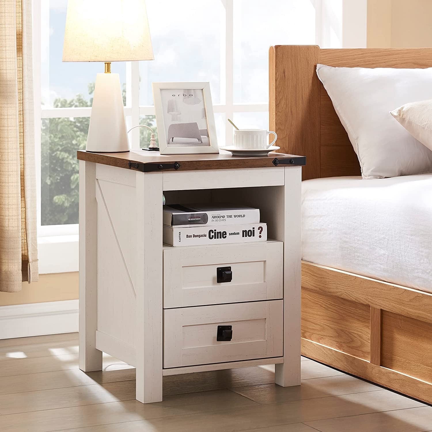 OKD Farmhouse Nightstand with Charging Station for Bedroom, 2-Drawer Rustic End Tables for Living Room, off White