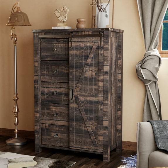 OKD Modern Farmhouse 5-Drawer Dresser with Barn Door, Adjustable Shelf Storage Cabinet for Bedroom Living Room, Dark Rustic Oak