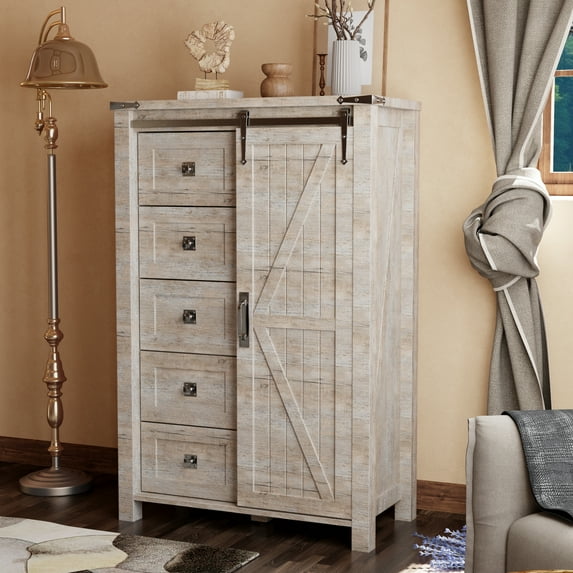 OKD Modern Farmhouse 5-Drawer Dresser with Barn Door, Adjustable Shelf Storage Cabinet for Bedroom Living Room, Light Rustic Oak