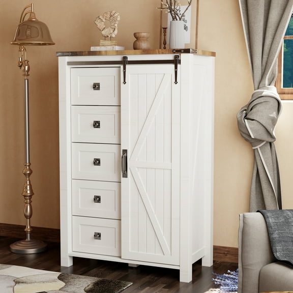OKD Modern Farmhouse 5-Drawer Dresser with Barn Door, Adjustable Shelf Storage Cabinet for Bedroom Living Room, White