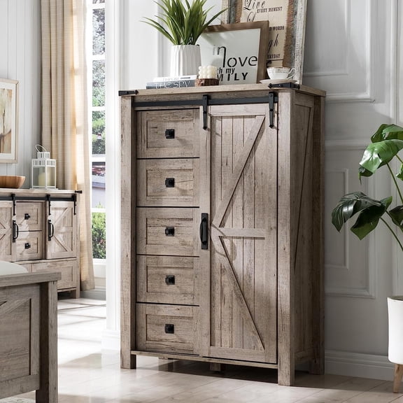 OKD Modern Farmhouse 5-Drawer Dresser with Barn Door, Adjustable Storage Cabinet for Bedroom Living Room, Light Rustic Oak