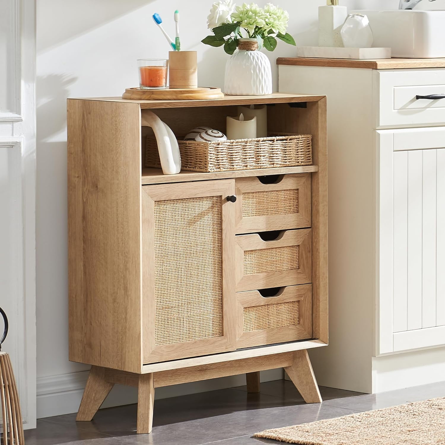 OKD Modern Farmhouse Bathroom Floor Cabinet, Rattan Cupboard Storage ...