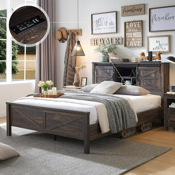 OKD Modern Farmhouse Full Platform Bed with Bookcase Headboard Storage and Charging Station,No Box Spring Needed, Dark Rustic Oak