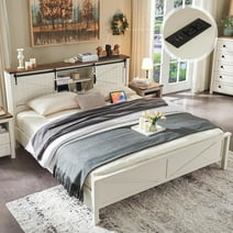 OKD Modern Farmhouse King Platform Bed Frame with Storage Headboard and Charging Station, Anitique White Finish