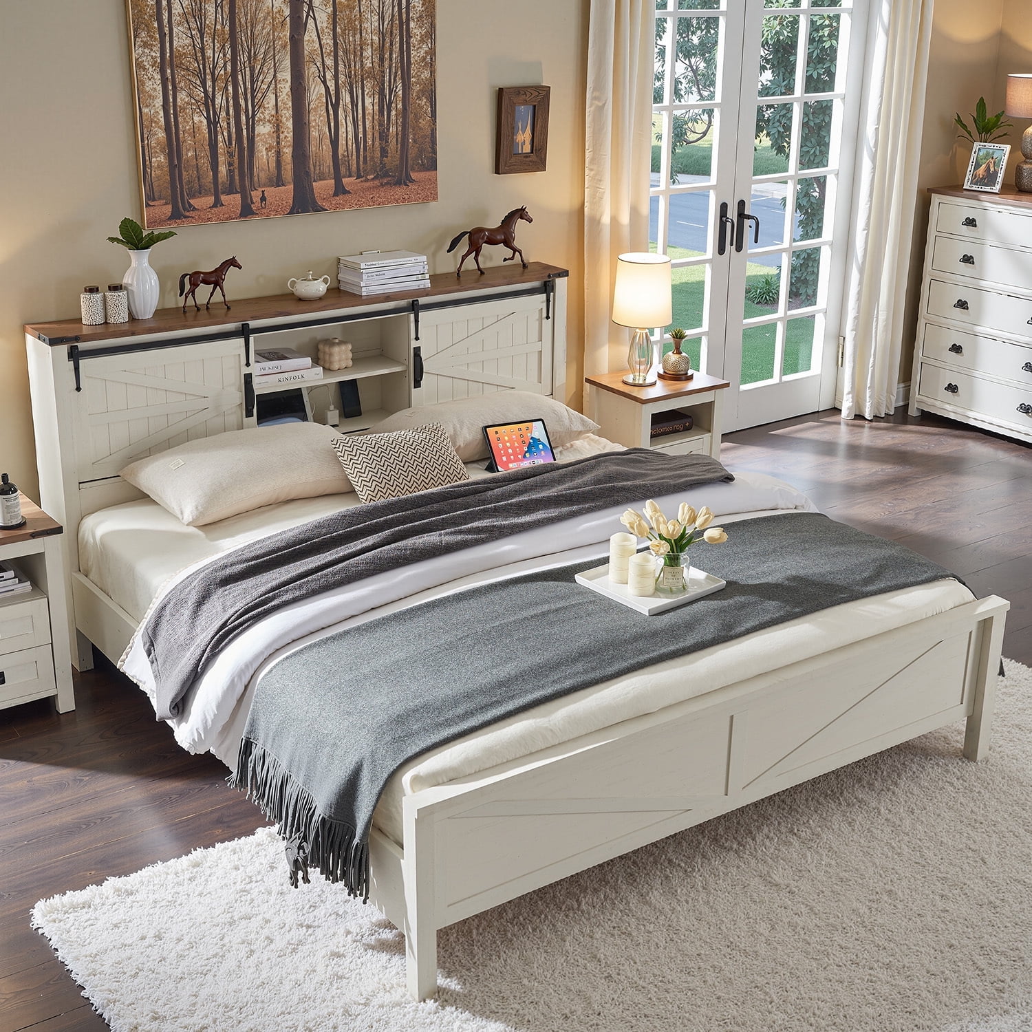 OKD Modern Farmhouse King Platform Bed with Bookcase Headboard Storage and Charging Station, No Box Spring Needed, Anitique White