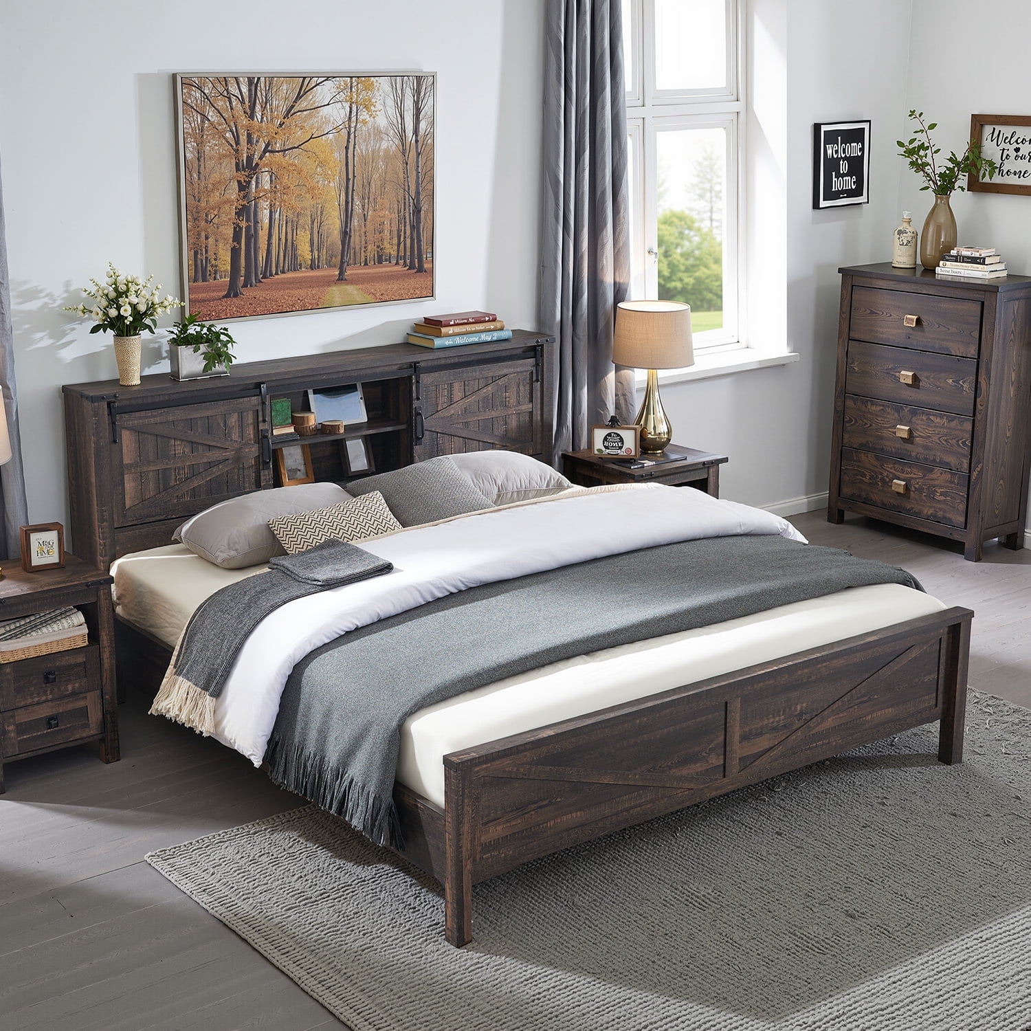 OKD Modern Farmhouse King Platform Bed with Bookcase Headboard Storage and Charging Station, No Box Spring Needed, Dark Rustic Oak