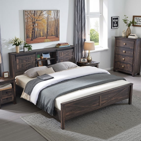 OKD Modern Farmhouse King Platform Bed with Bookcase Headboard Storage and Charging Station, No Box Spring Needed, Dark Rustic Oak