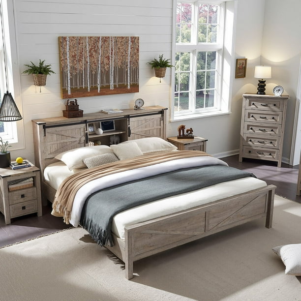 OKD King Bed Frame with Bookshelf, Storage, Charging Station, No