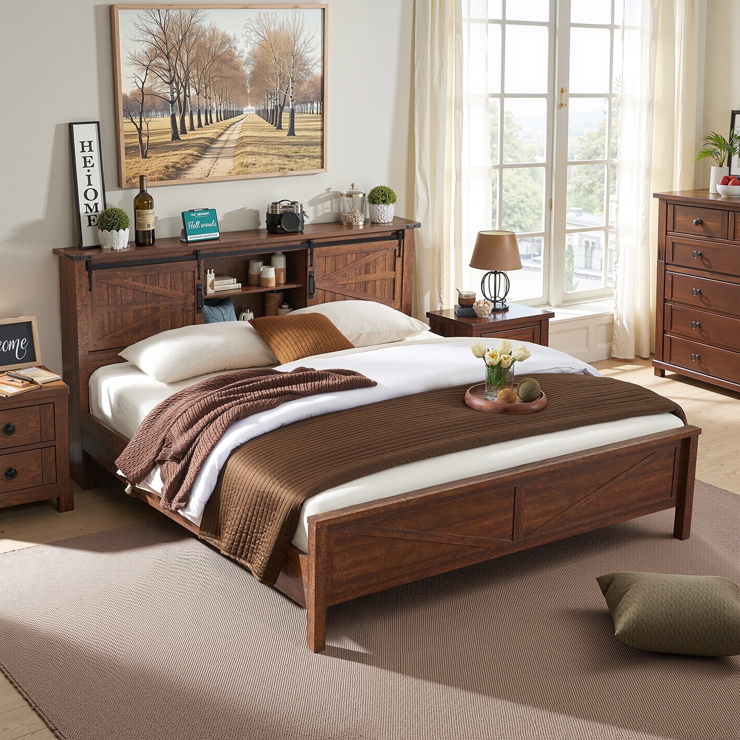 OKD Modern Farmhouse King Platform Bed with Bookcase Headboard Storage and Charging Station, No Box Spring Needed, Reclaimed Barnwood