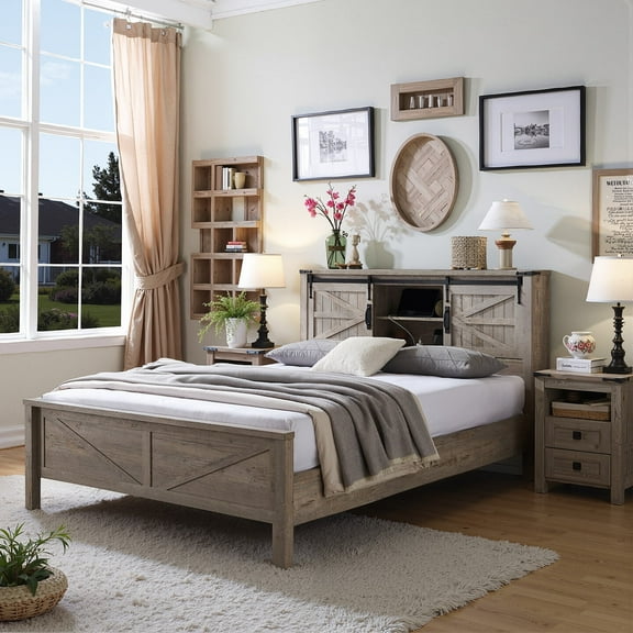 OKD Modern Farmhouse Queen Platform Bed with Bookcase Headboard Storage and Charging Station, No Box Spring Needed, Light Rustic Oak Finish