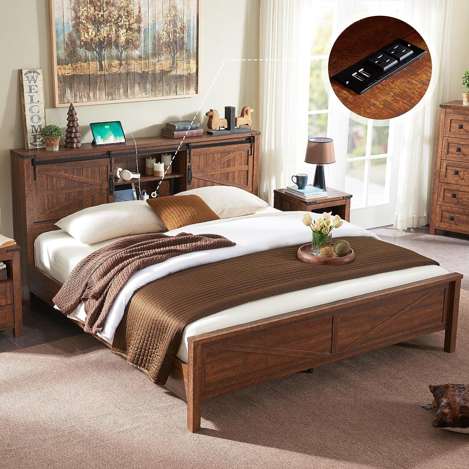 OKD Modern Farmhouse Queen Platform Bed with Bookcase Headboard Storage and Charging Station No Box Spring Needed Reclaimed Barnwood Finish