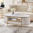 thumbnail image 1 of OKD Modern Luxury Fluted Coffee Table with Faux Marble Top, 48" Oval Wood Coffee Table with Drawer & Gold frame, Center Table for Living Room, Off White, 1 of 8