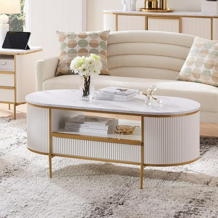 OKD Modern Luxury Fluted Coffee Table with Faux Marble Top, 48" Oval Wood Coffee Table with Drawer & Gold frame, Center Table for Living Room, Off White