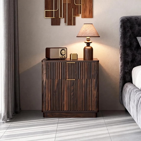OKD Modern Nightstand, 23'' Fluted 2 Drawer Wood Side Table with Charging Station for Bedroom, Living Room, Dark Walnut