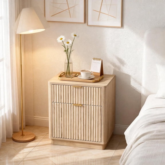 OKD 23'' Fluted Nightstand with Charging Station, Modern Large 2 Drawer Bedside Table for Bedroom, Living Room - Natural Oak