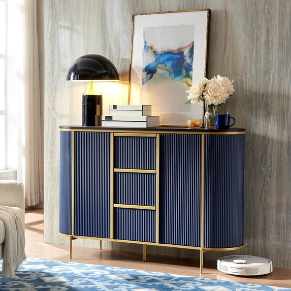 OKD Modern Buffet Cabinet with Faux Marble Top, 2 Doors & 3 Drawers Storage Sideboard for Kitchen, Dining Room & Living Room, Dark Blue