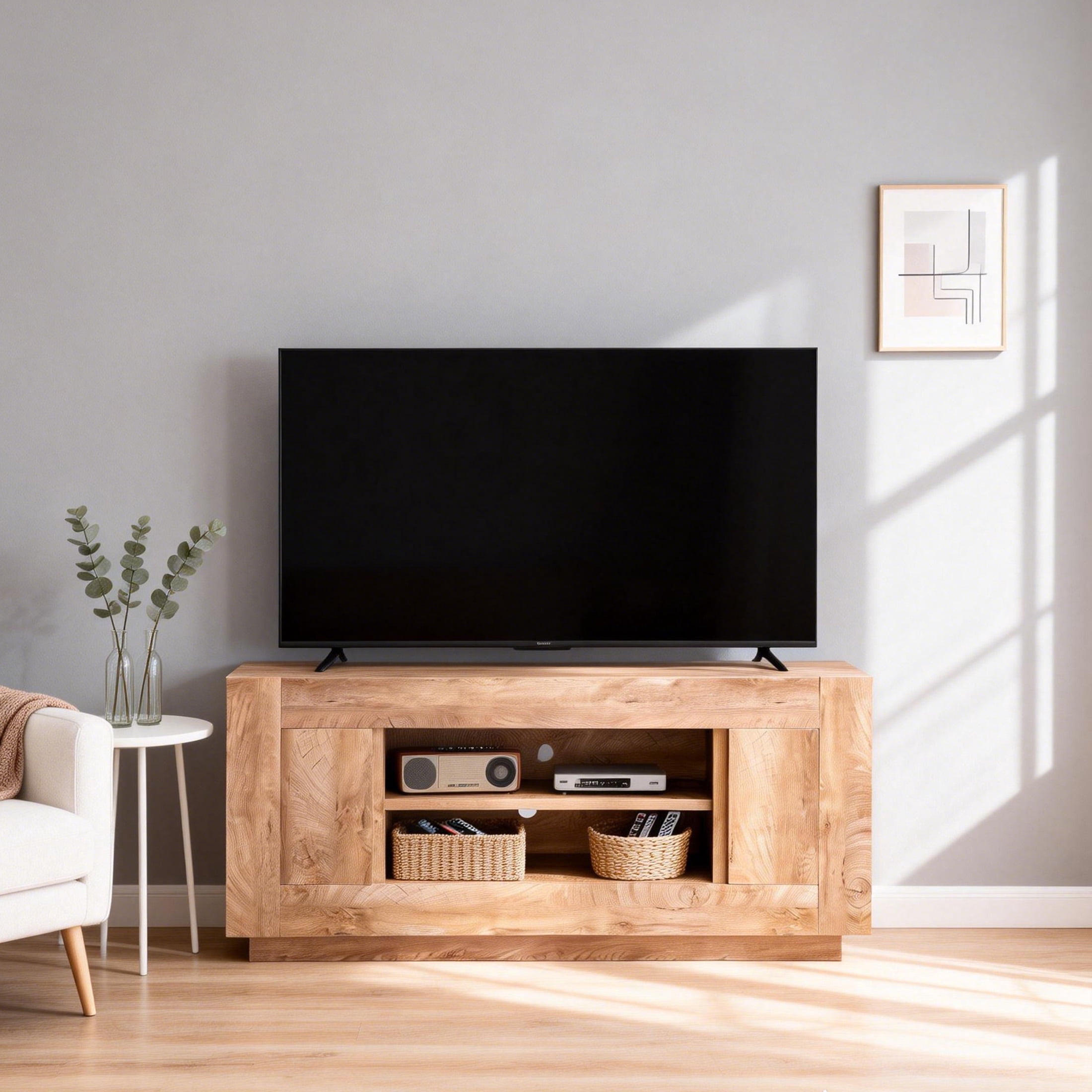 OKD TV Stand for 70 Inch TV, Modern Entertainment Center with Storage Cabinet & Open Shelves, Cable Management for Living Room, Light Knotty