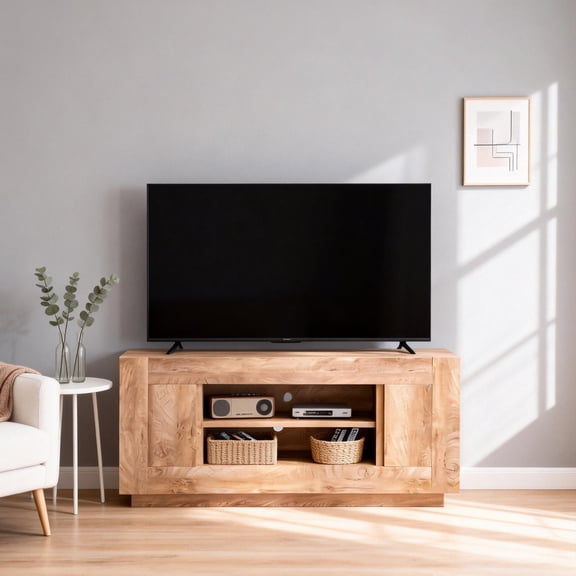 OKD TV Stand for 70 Inch TV, Modern Entertainment Center with Storage Cabinet & Open Shelves, Cable Management for Living Room, Light Knotty