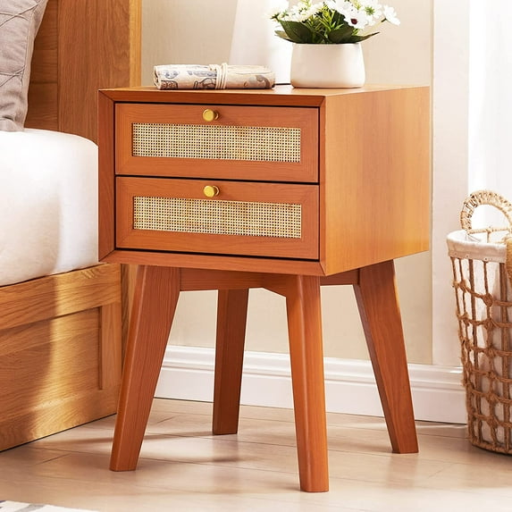 OKD Modern Wood Nightstand with Rattan 2 Drawers,Cherry