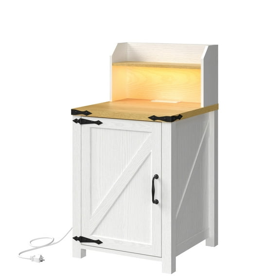 OKD Nightstand with Charging Station, 18 Inch Farmhouse End Table with Barn Door and Adjustable Storage Shelf, Rustic Wood Sofa Side Table w/Magnetic Door for Living Room, Bedroom, Antique White