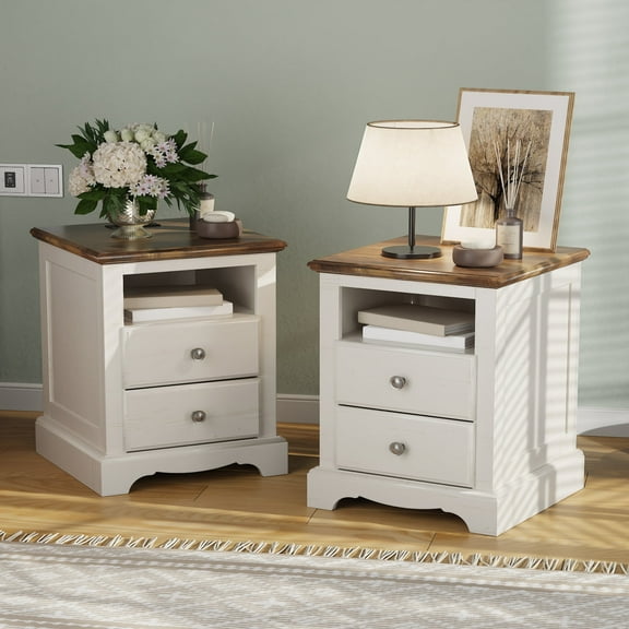 OKD Nightstand Set of 2 with Charging Station, Rustic End Table with 2 Drawers Farmhouse Side Table with 3-tier Storage Space Bedside Cabinet for Bedroom Living Room, Antique White